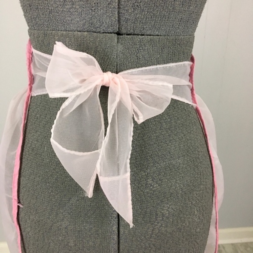 Vintage Pink Half Apron Sheer Chiffon Abstract Lace Tie Back Hostess - Picture 4 of 15